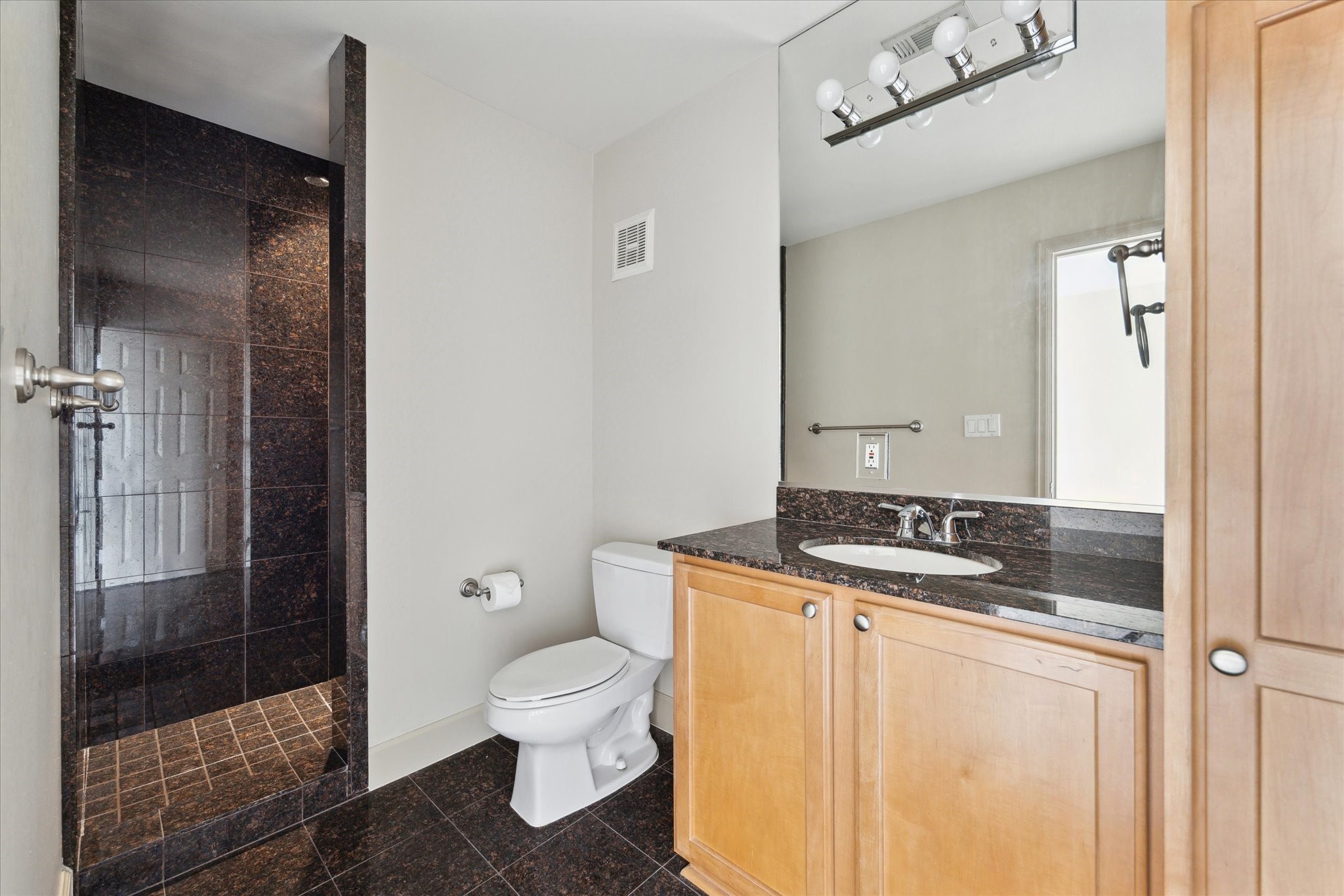 2520 Robinhood Street, Unit 1200 Houston, TX 77005 - Photo 20 of 29 a bathroom with a granite countertop sink a toilet a mirror and shower
