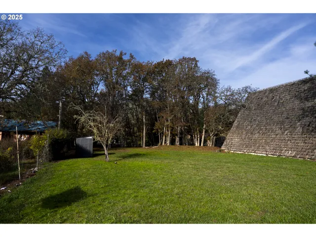 a view of a grassy field with trees in the background