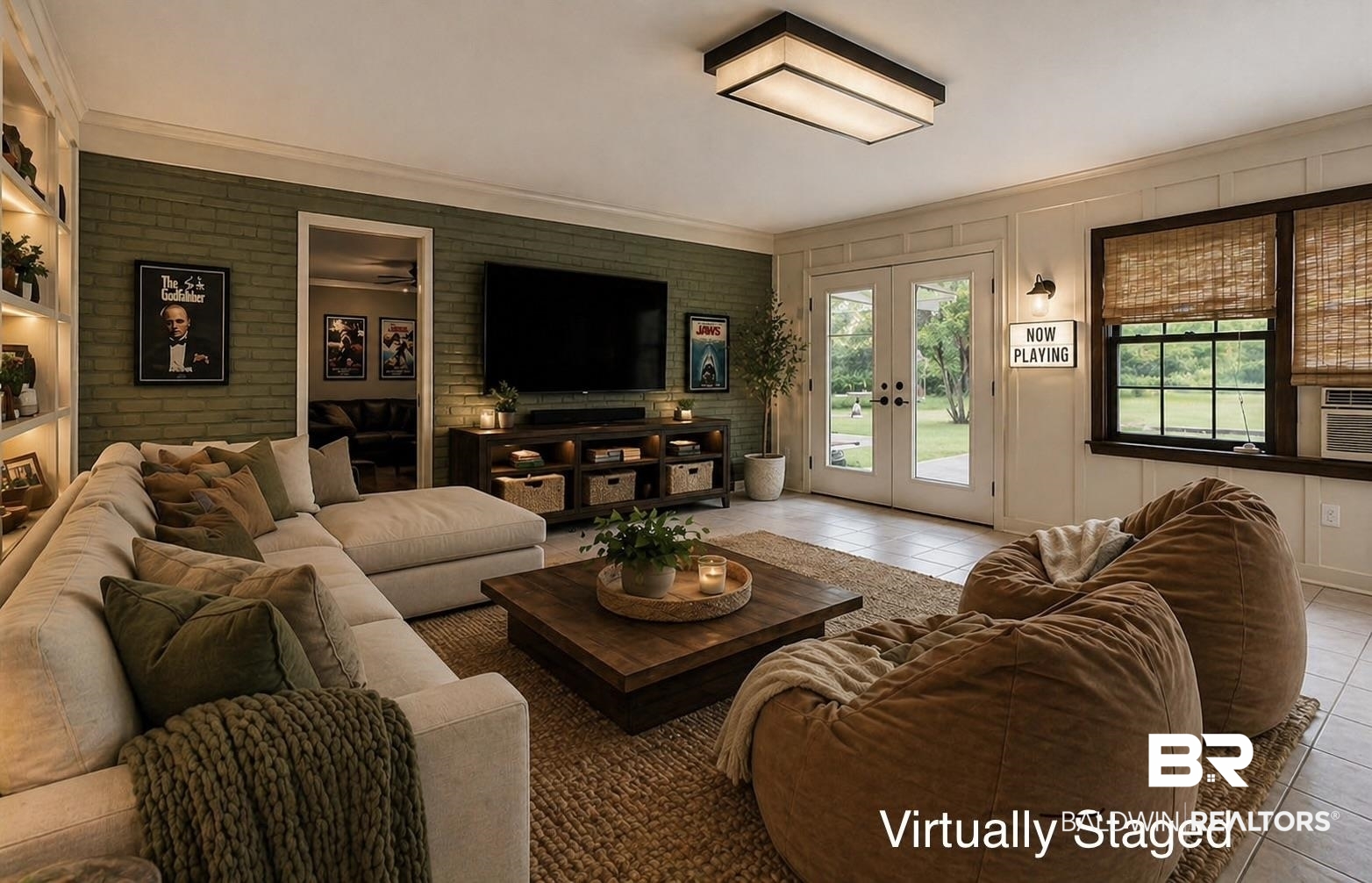 1182 Ginger Drive Mobile, AL 36693 - Photo 26 of 37 Spacious living area featuring a light-toned sectional sofa, dark wood-finish media console, built-in shelving with integrated lighting, and a dark wood-finish coffee table