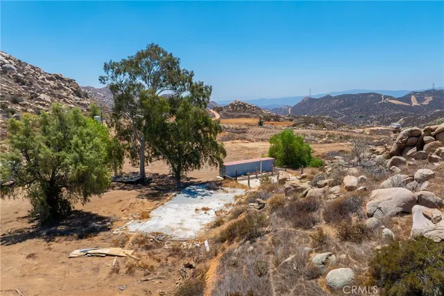 a view of a dry yard with trees