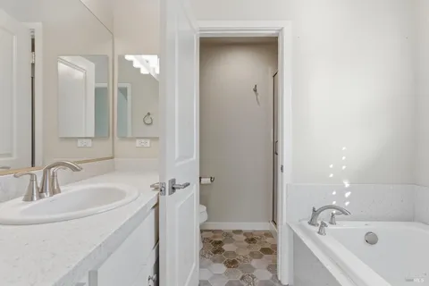 a bathroom with a tub sink shower and mirror