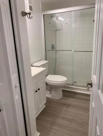 a bathroom with a sink a toilet a shower and a mirror
