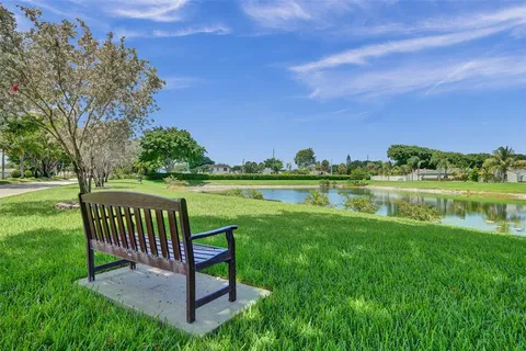 a view of a park with large trees