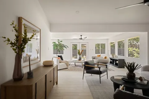 a living room with furniture and a potted plant