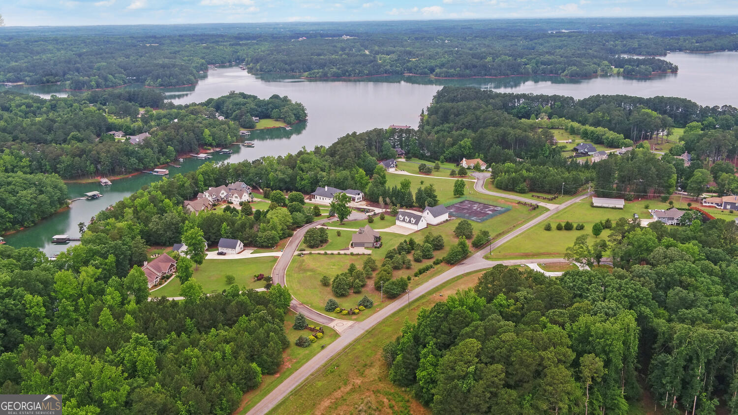 60 Villa Courts Hartwell, GA 30643 - Photo 46 of 47 an aerial view of residential houses with outdoor space and lake view