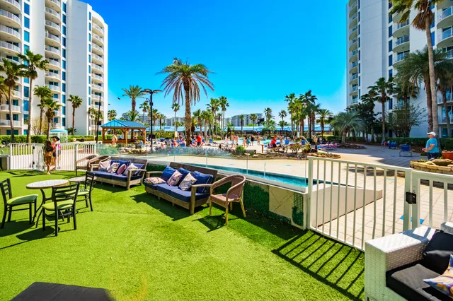 a view of a swimming pool and an outdoor space