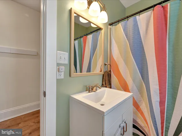a bathroom with a sink a mirror a vanity and a shower