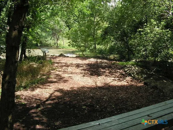 a view of a dirt road with trees