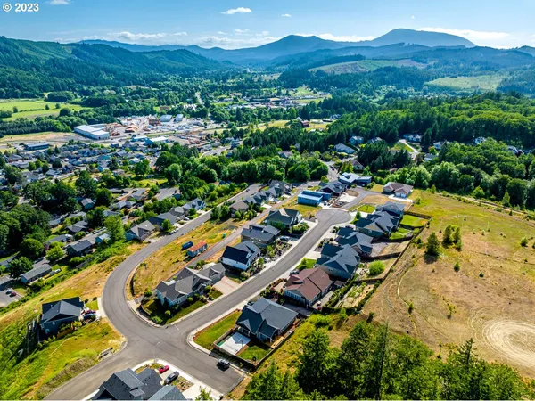 an aerial view of a house with a garden