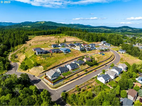 an aerial view of residential houses with outdoor space and trees