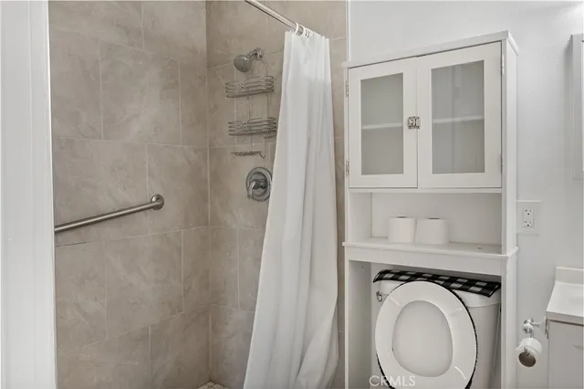 a bathroom with a toilet and a shower