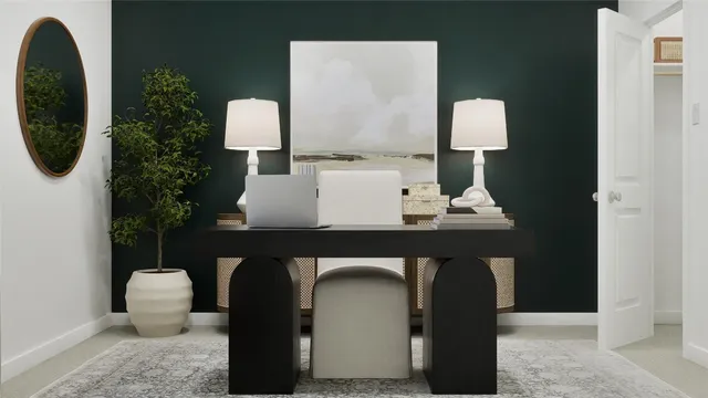 a living room with a sink and a mirror