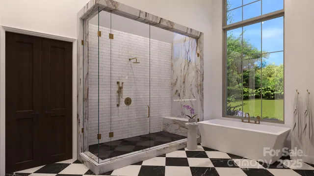 a bathroom with a double vanity sink a mirror and a shower