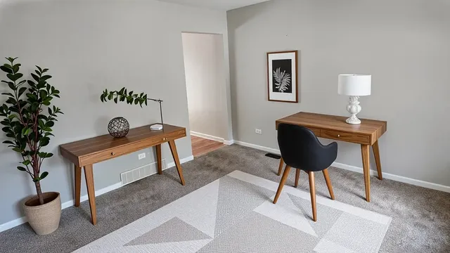 a living room with furniture and a potted plant