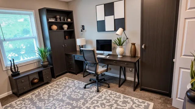 a workspace with furniture and a window