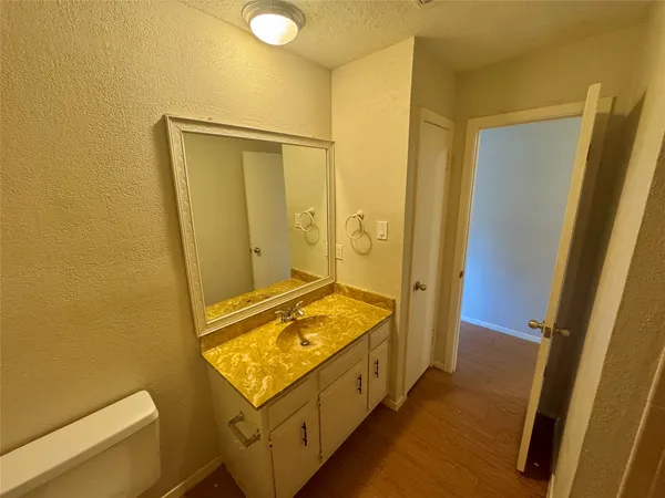 a bathroom with a tub sink vanity and a mirror