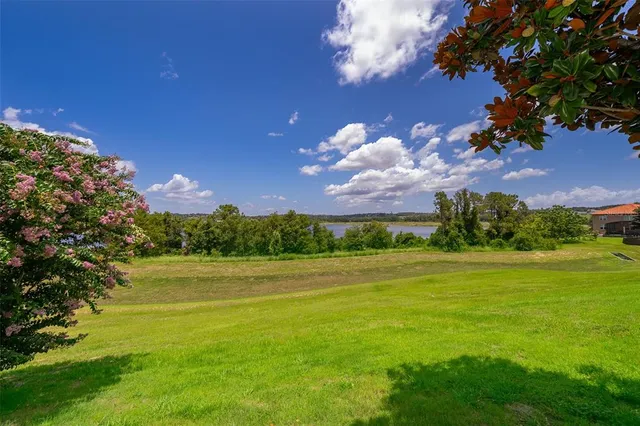 a view of an ocean and a yard