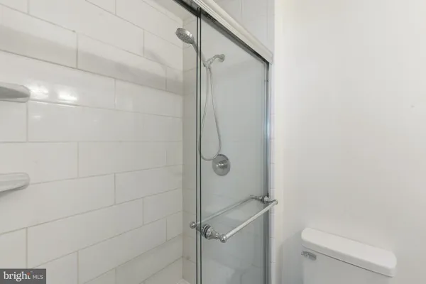 a bathroom with a shower and toilet