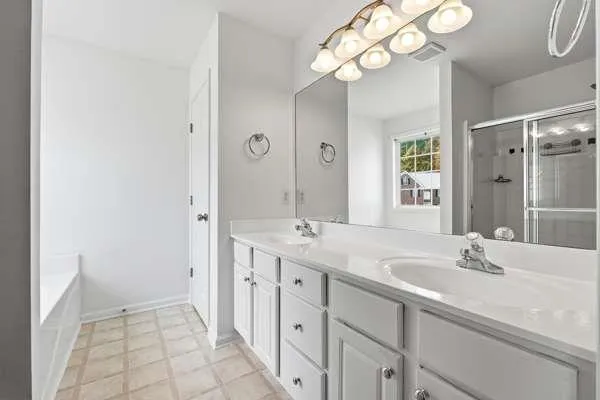 a bathroom with a double vanity sink and a mirror