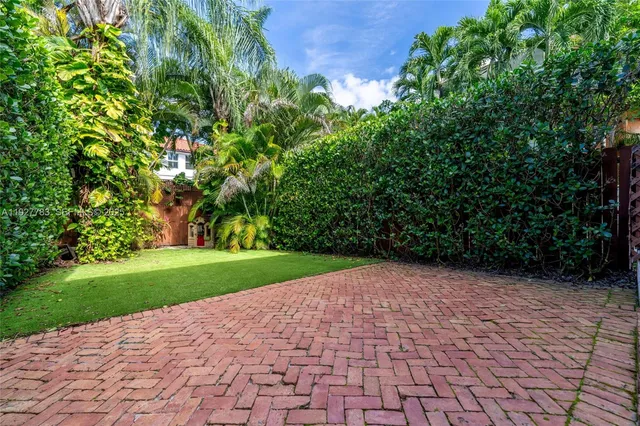 a view of a yard with plants and large trees