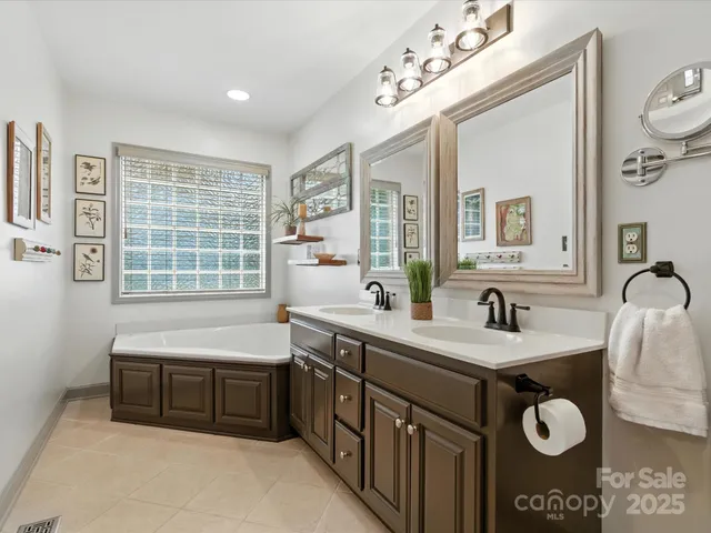 a bathroom with a sink double vanity and a tub