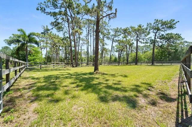 a view of a green field with trees in the background
