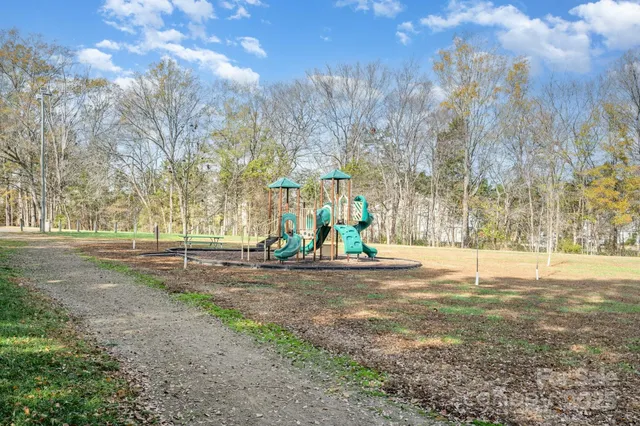 a view of a yard with large trees