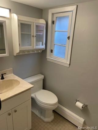 146-148 Ridge Street Pearl River, NY 10965 - Photo 16 of 19 LL The bathroom features a vanity with a sink, a toilet, a window with white trim, and a wall-mounted cabinet with glass doors