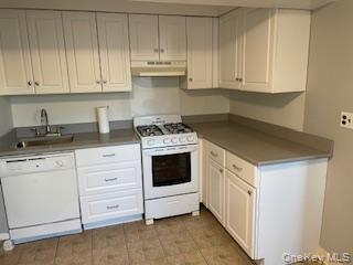 146-148 Ridge Street Pearl River, NY 10965 - Photo 10 of 19 LL Lower Level Kitchen featuring white cabinetry, a stainless steel sink with a faucet, a white dishwasher, a white gas range, and countertops