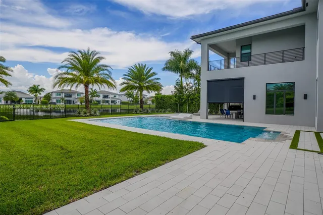 a view of a swimming pool and a yard