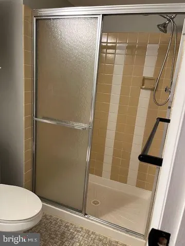 a bathroom with a shower and a toilet