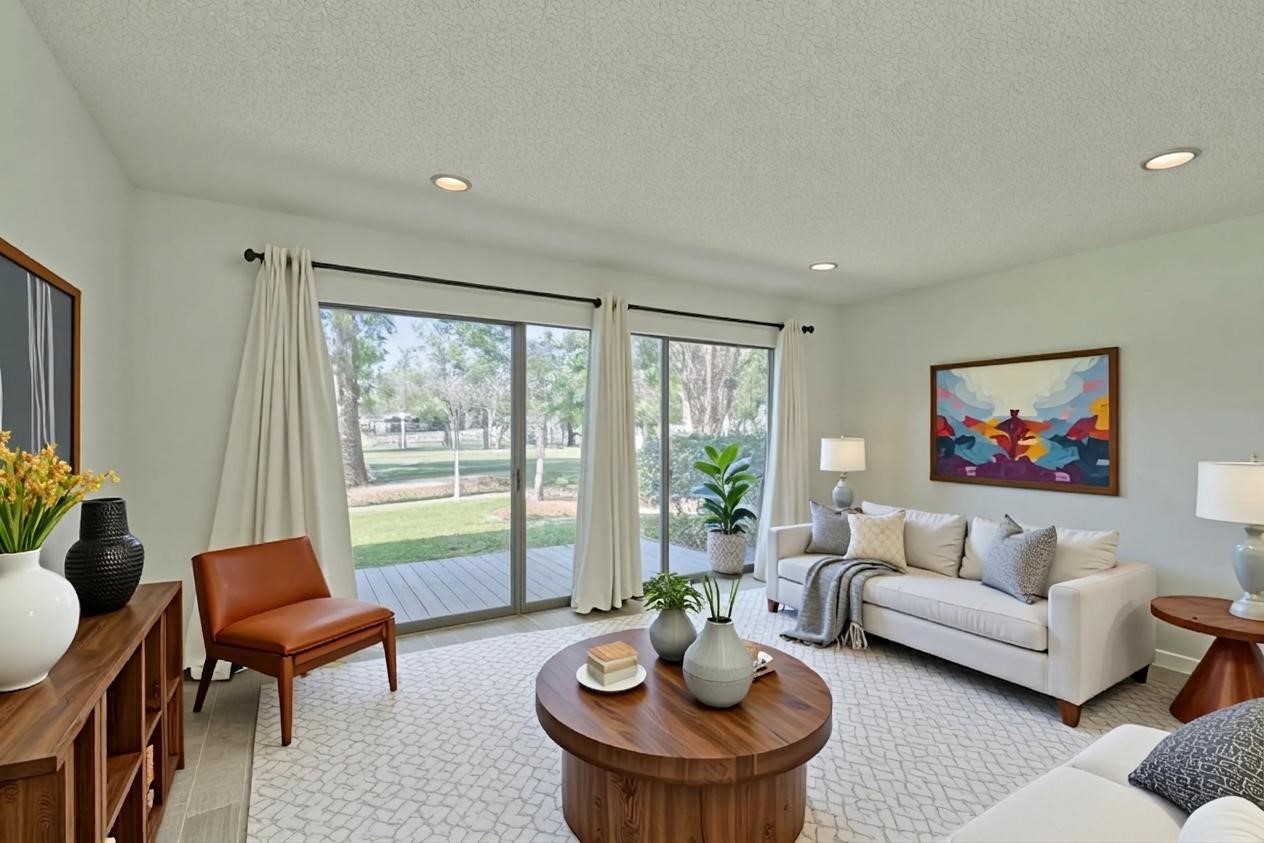 12900 Walden Road, Unit 601F Montgomery, TX 77356 - Photo 27 of 28 Virtually Staged living room. Maximize your golf course & pond views. You will love this inviting floor plan with an abundance of natural light. Enjoy the complex pools & central laundry facilities. As an owner, you also get to enjoy all of Walden amenities. Tennis & pickleball courts, fitness center, lap pool, waterside pool by the yacht club & breakwater grill, 2 boat ramps, kids parks, dog park. trails & marina. Golf memberships are available as well.