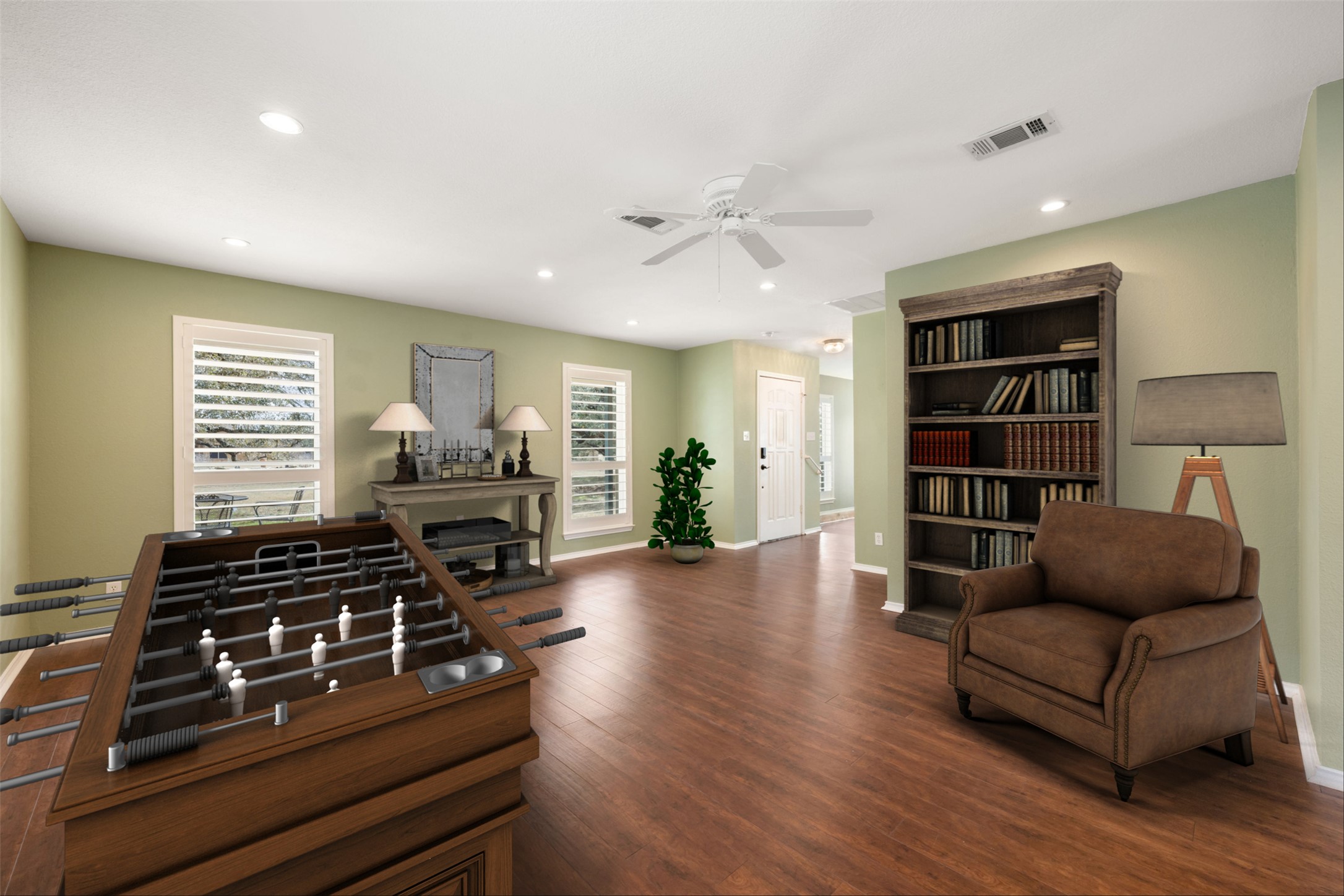 104 Sunset Road Georgetown, TX 78633 - Photo 19 of 40 Virtually Staged. Living room featuring dark wood-type flooring, ceiling fan, and recessed lighting