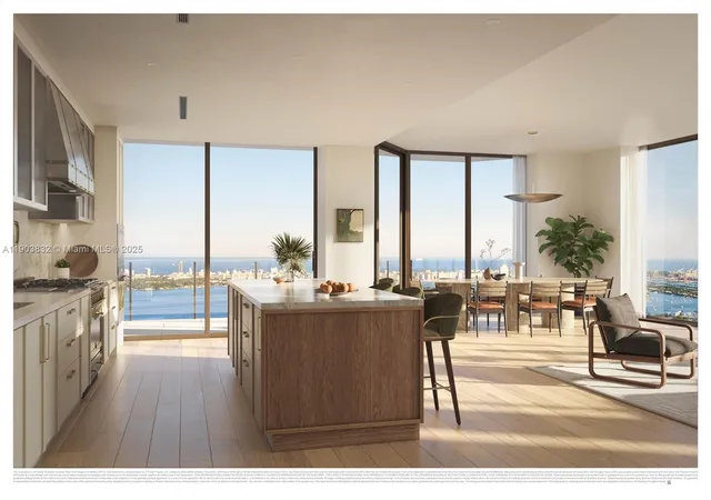 a living room with furniture a large window and a dining table