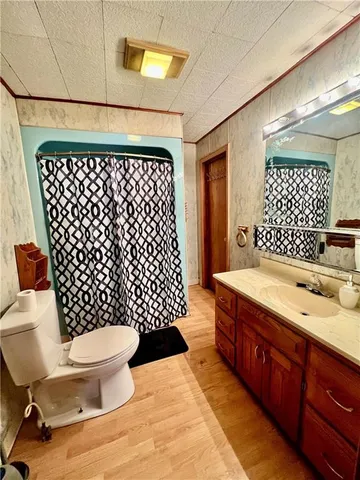 a bathroom with a sink toilet and shower