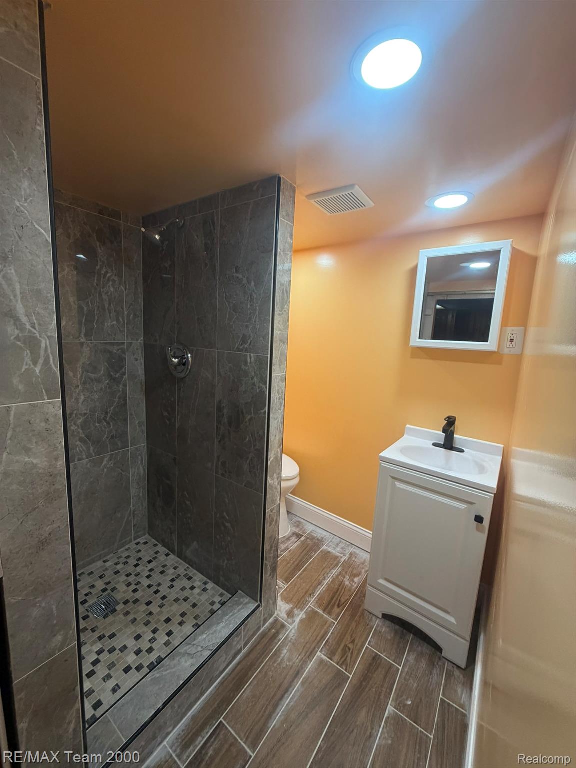 9023 Evergreen Road Detroit, MI 48228 - Photo 18 of 21 Modern bathroom featuring a frameless glass-enclosed shower with dark tile surround and pebble floor inlay, wood-finish plank flooring, pedestal vanity with integrated sink, recessed ceiling lighting, and a medicine cabinet with illuminated mirror