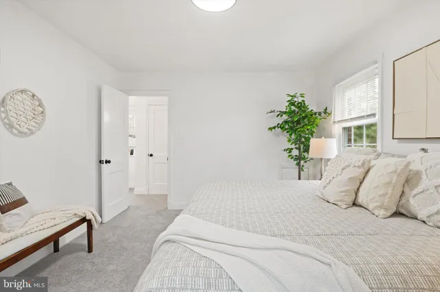 a bedroom with a bed and a potted plant