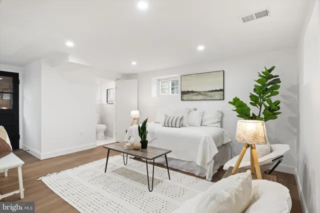 a living room with furniture and a potted plant