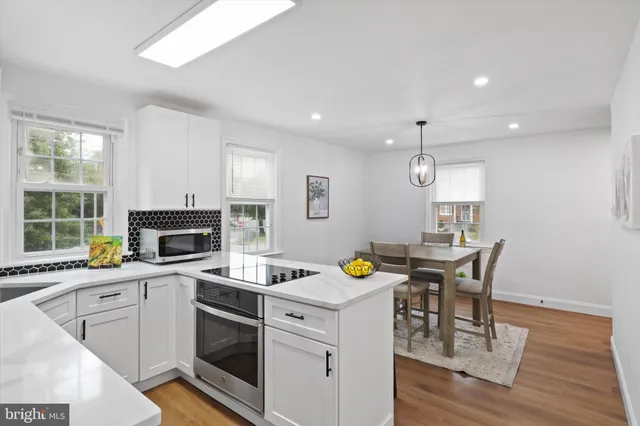 a kitchen with a table chairs and microwave