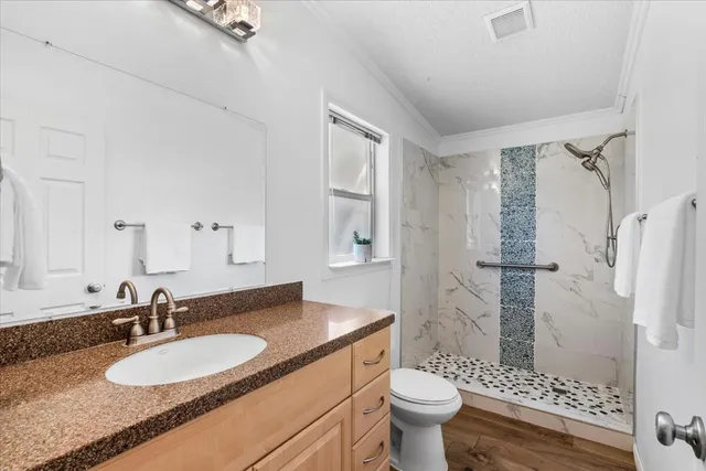 a bathroom with a granite countertop sink toilet and shower