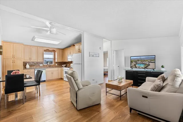 a living room with furniture and a view of kitchen
