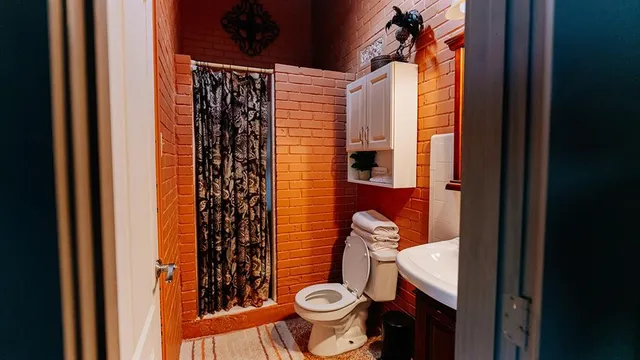 a bathroom with a toilet and a shower curtain