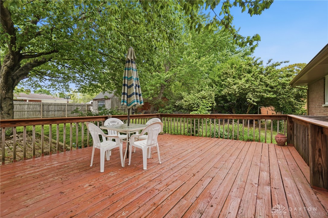 6119 Flemington Road Dayton, OH 45459 - Photo 63 of 76 This spacious deck offers a tranquil retreat surrounded by lush greenery, ideal for outdoor enjoyment.