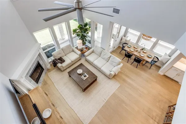 a living room with furniture and a table