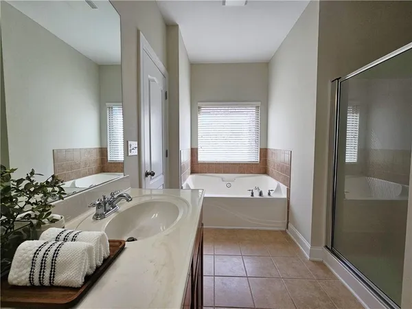 a bathroom with a tub sink and mirror