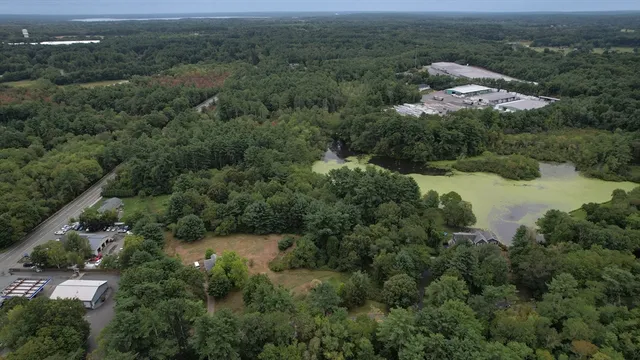 an aerial view of a town with trees