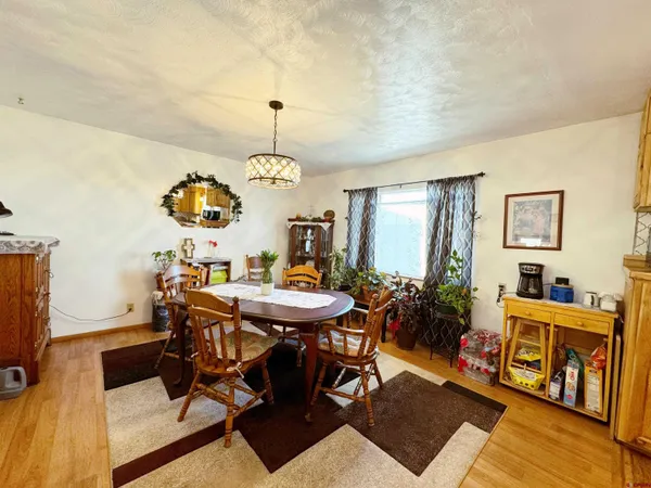 a view of a dining room and livingroom with furniture wooden floor a rug a painting and a chandelier