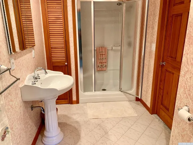 a bathroom with a sink a mirror and a shower
