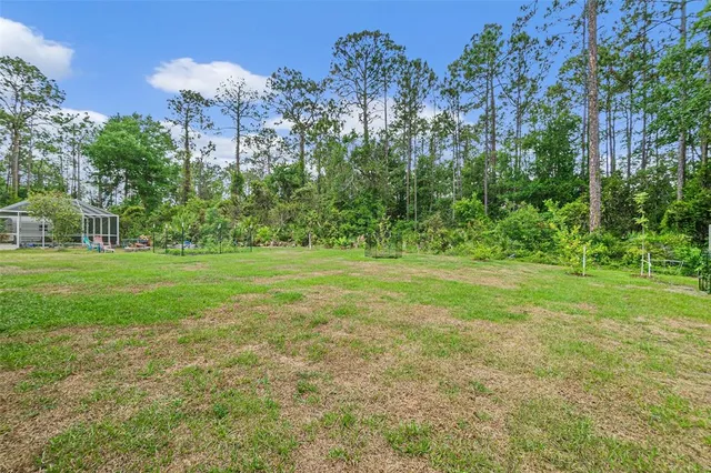 a view of a garden with a building in the background