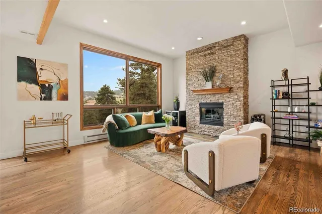 a living room with furniture and a fireplace